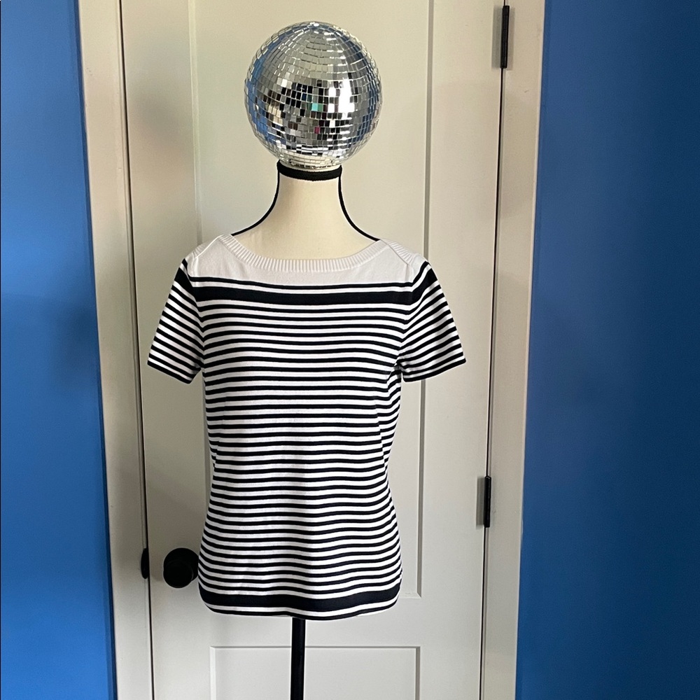 Talbots Black and White Striped Short Sleeve Top